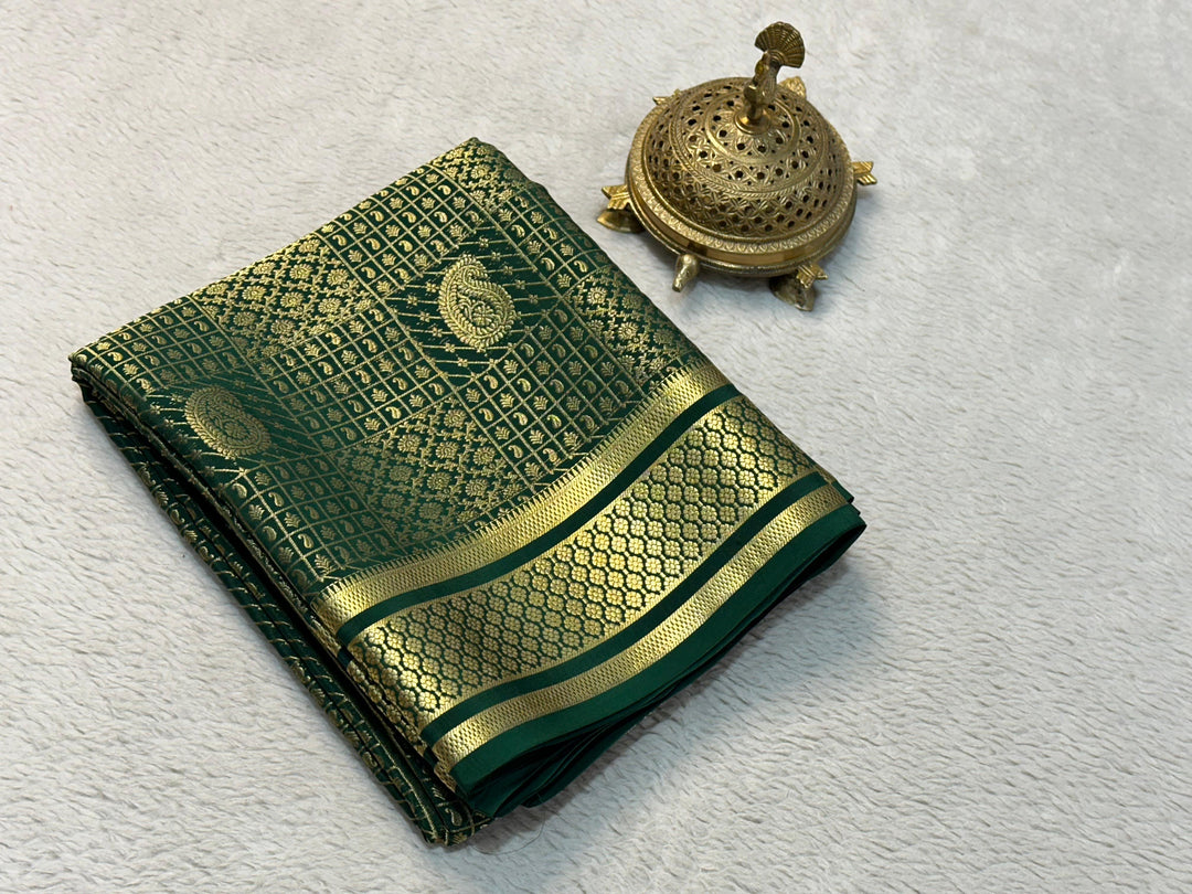 Elegant Bottle Green Mysore Soft Silk Saree With Intricate Zari Brocade