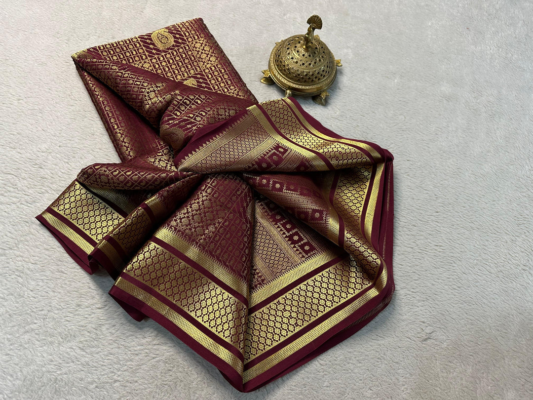 Festive Maroon Mysore Soft Silk Saree With Brocade Zari Embellishment