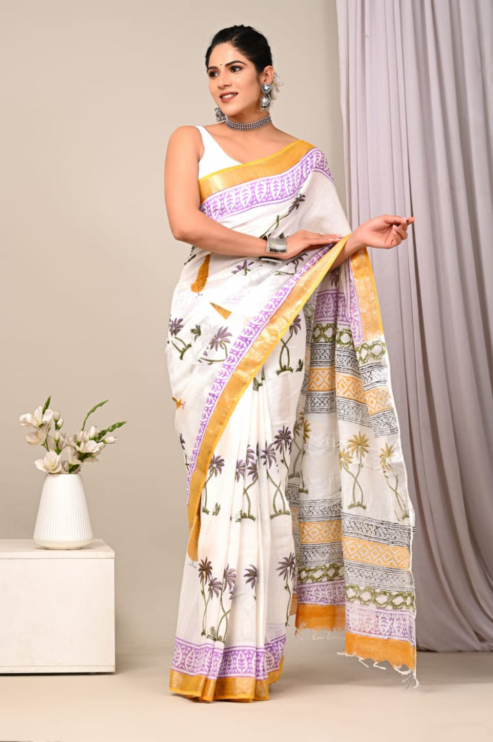 Elegant Pure Linen Saree With Printed Design And Zari Border