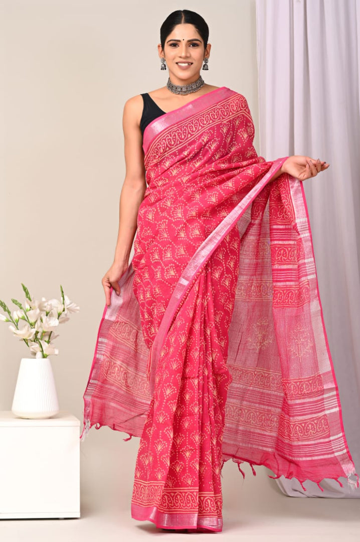 Comfort Fit Pure Linen Saree Simple Print And Elegant Zari Border