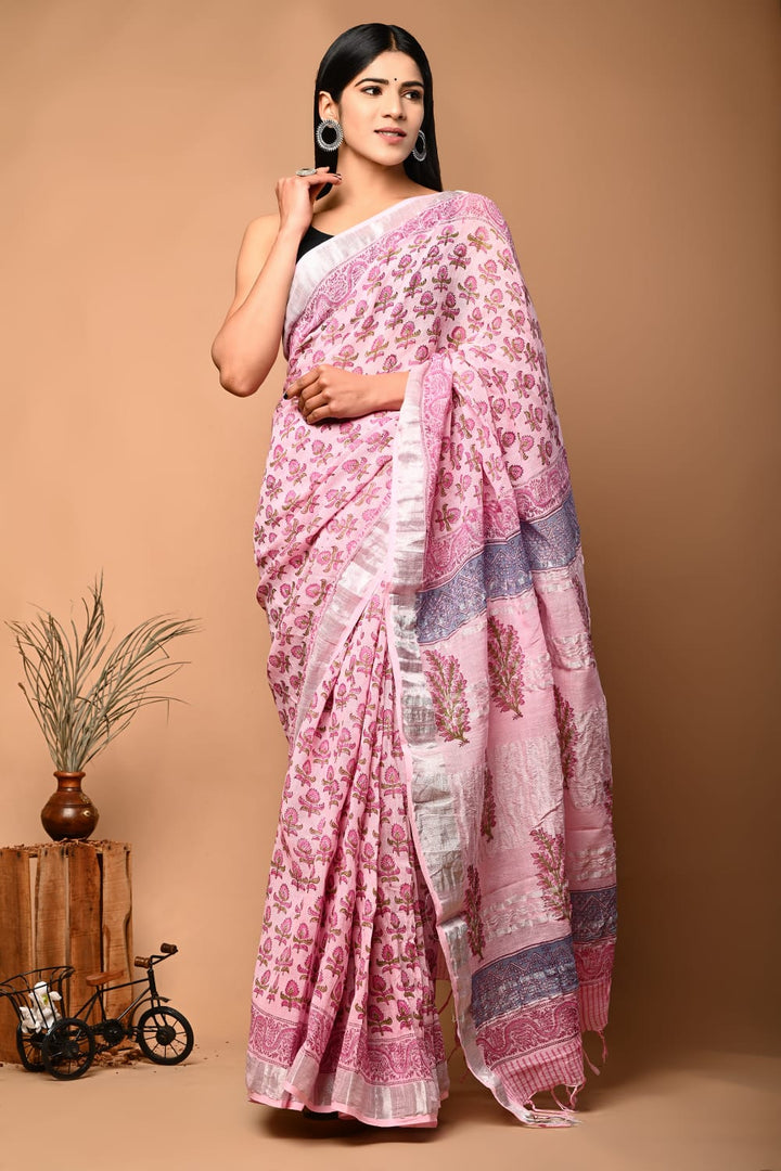 Stylish Printed Linen Saree Pure Fabric With Heritage Zari Finish