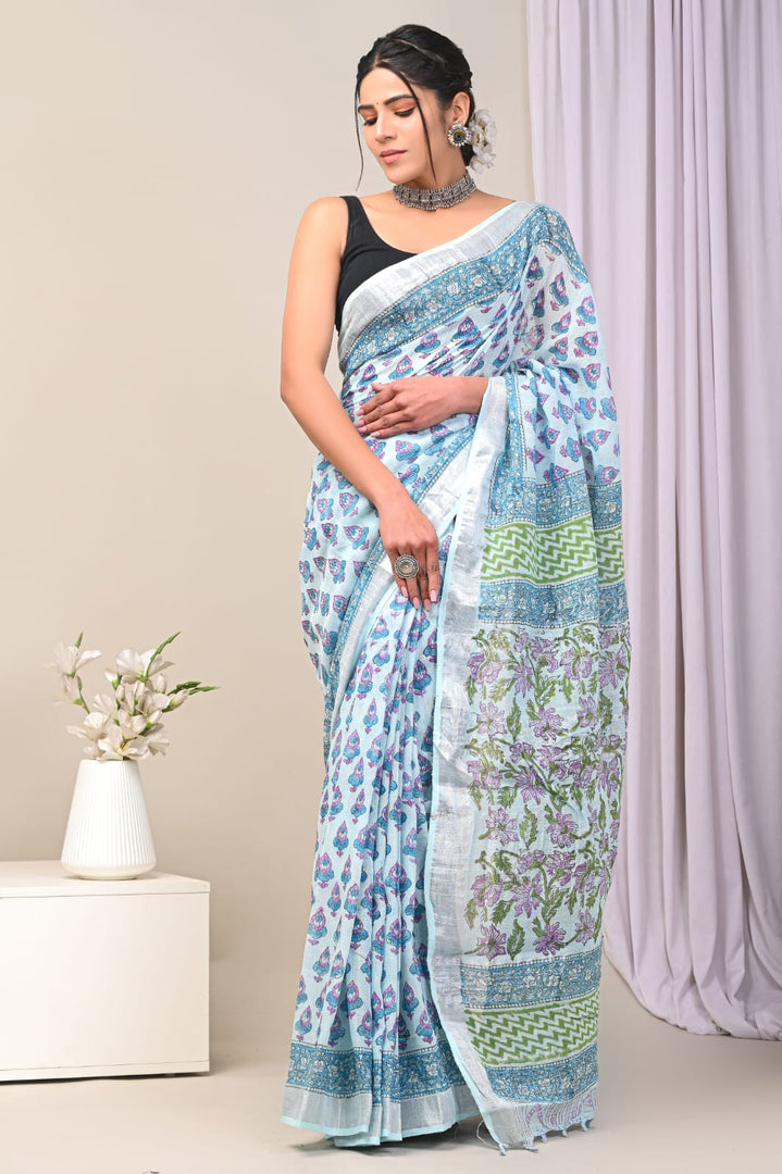Everyday Pure Linen Saree Zari Border And Subtle Printed Design