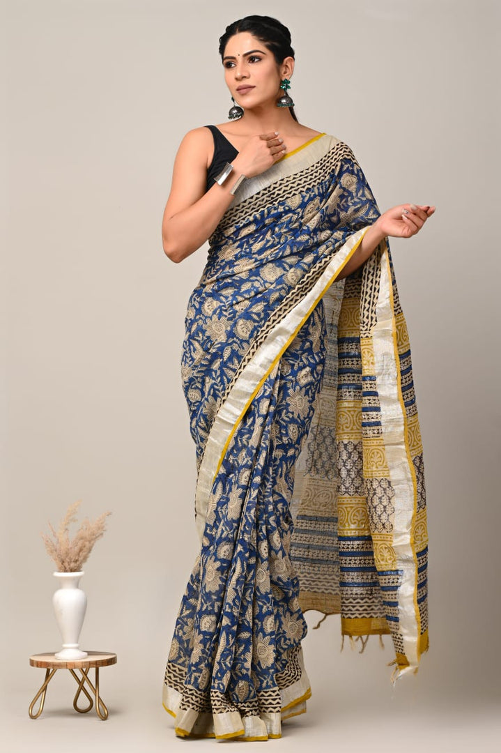 Traditional Linen Saree Pure Fabric With Zari And Print