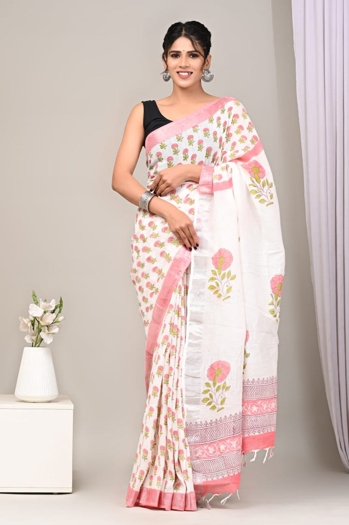 Linen Casual Saree In Printed Fabric And Gold Zari Edge