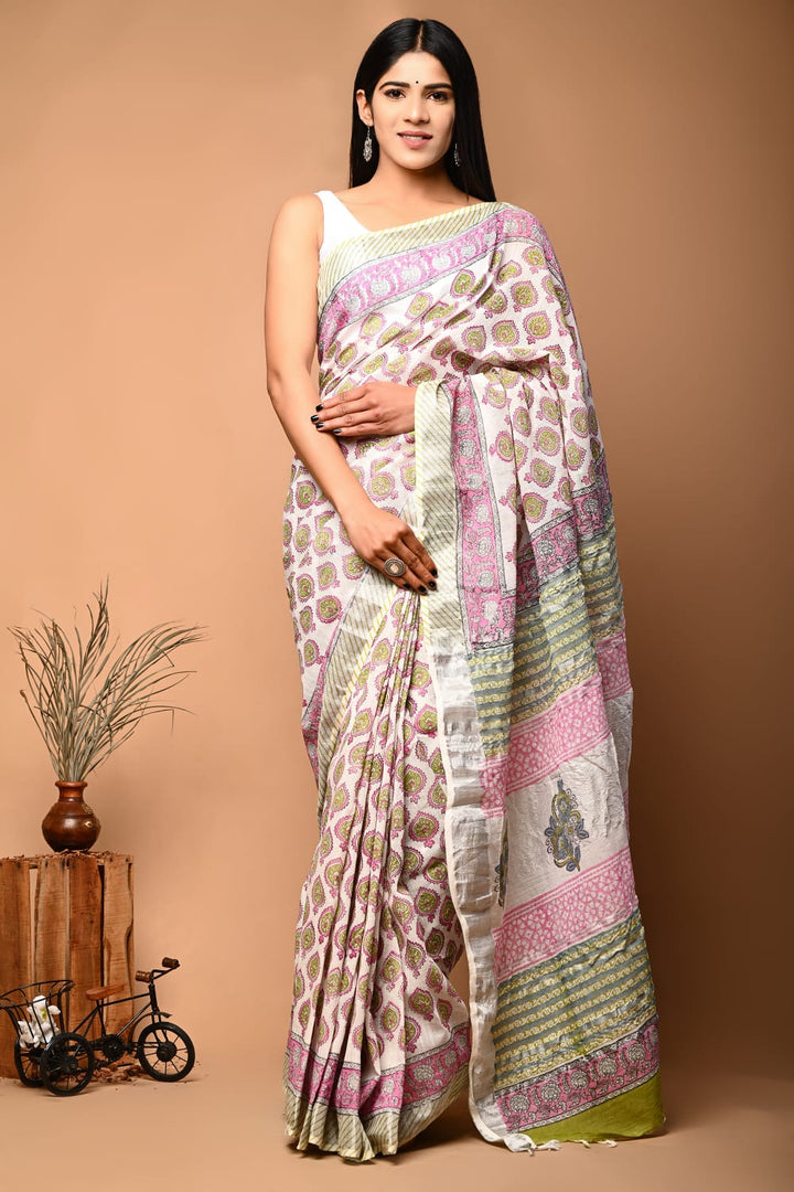 Subtle Charm Linen Saree Zari Trim With Ethnic Print