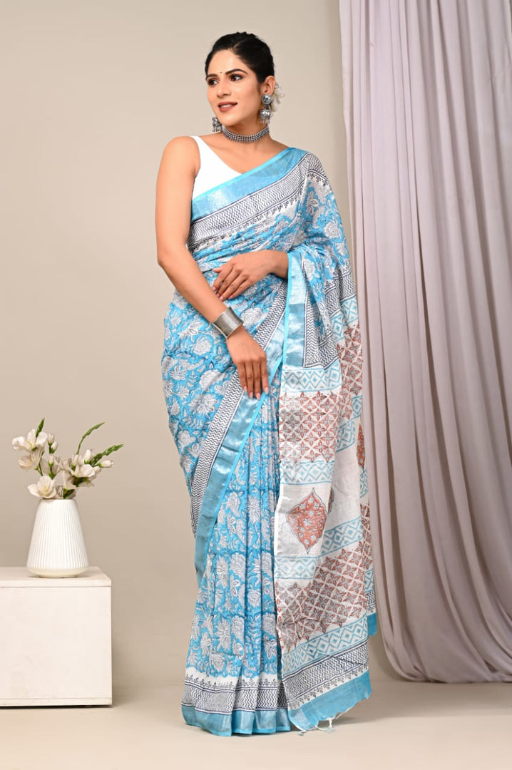 Classic Printed Linen Saree Pure Fabric With Subtle Zari Border