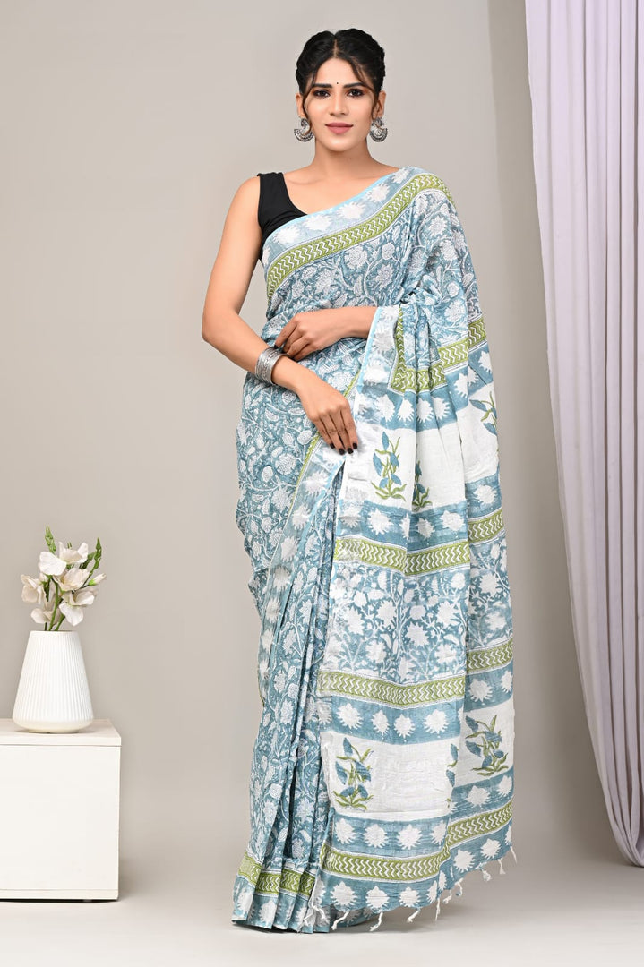 Ethnic Linen Saree Printed Casual Wear With Gold Zari Detailing