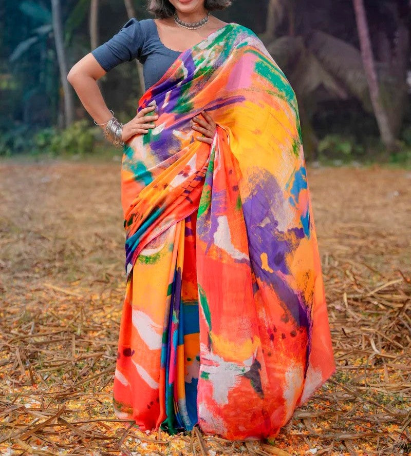 Alluring Multicolour Traditional Printed Silk Saree