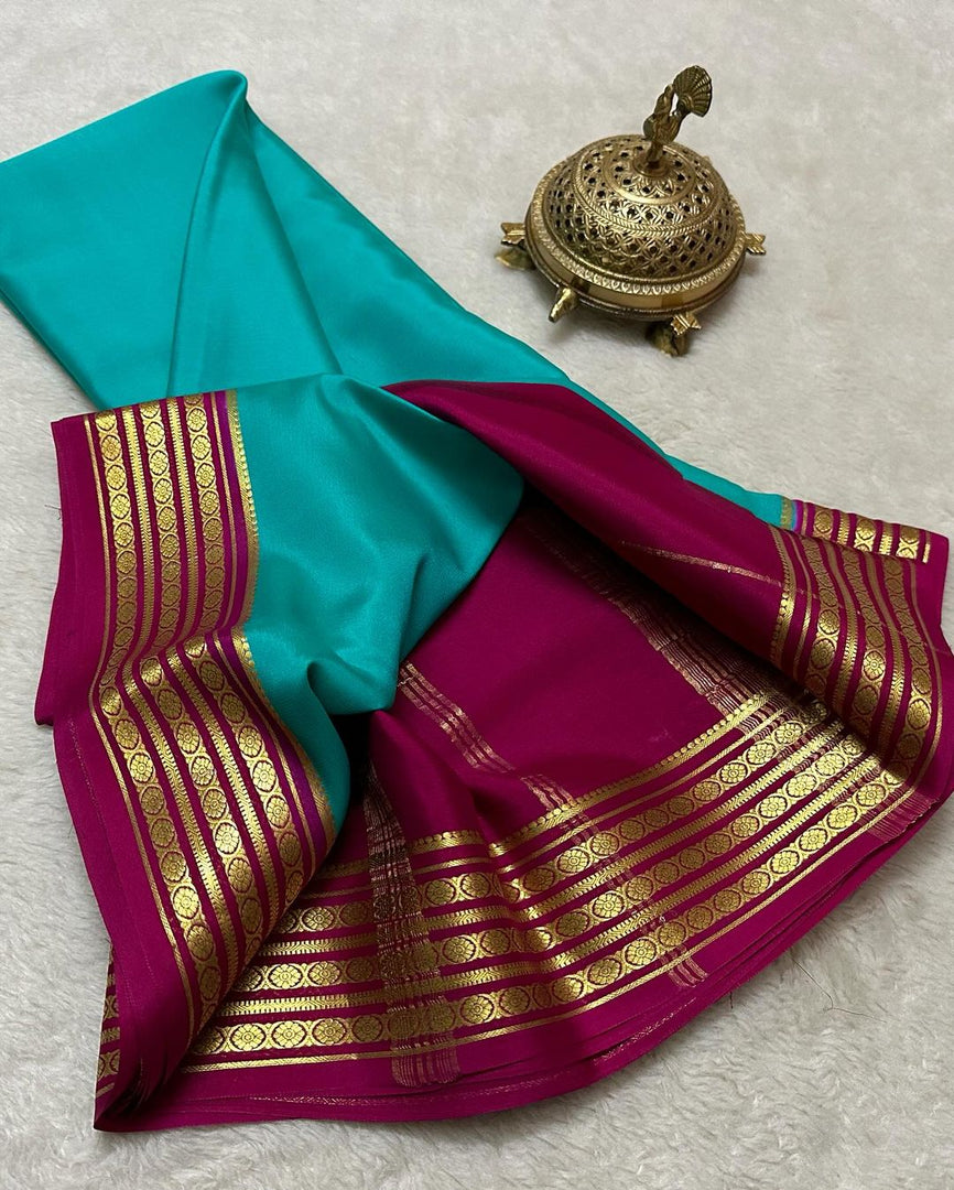 Timeless Sky Blue Plain Mysore Silk Saree Traditional Zari Touch