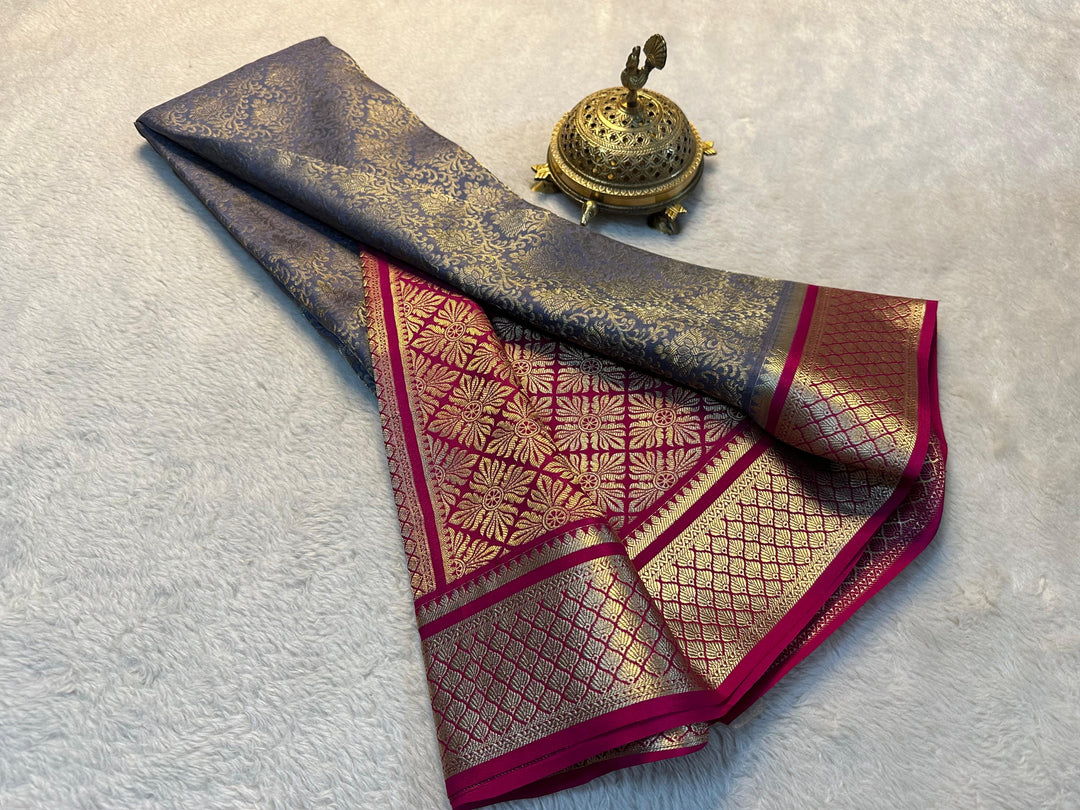 Attractive Gold And Navy Mysore-Inspired Semi Silk Saree With Timeless Zari Craftwork