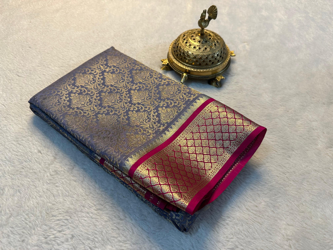Attractive Gold And Navy Mysore-Inspired Semi Silk Saree With Timeless Zari Craftwork
