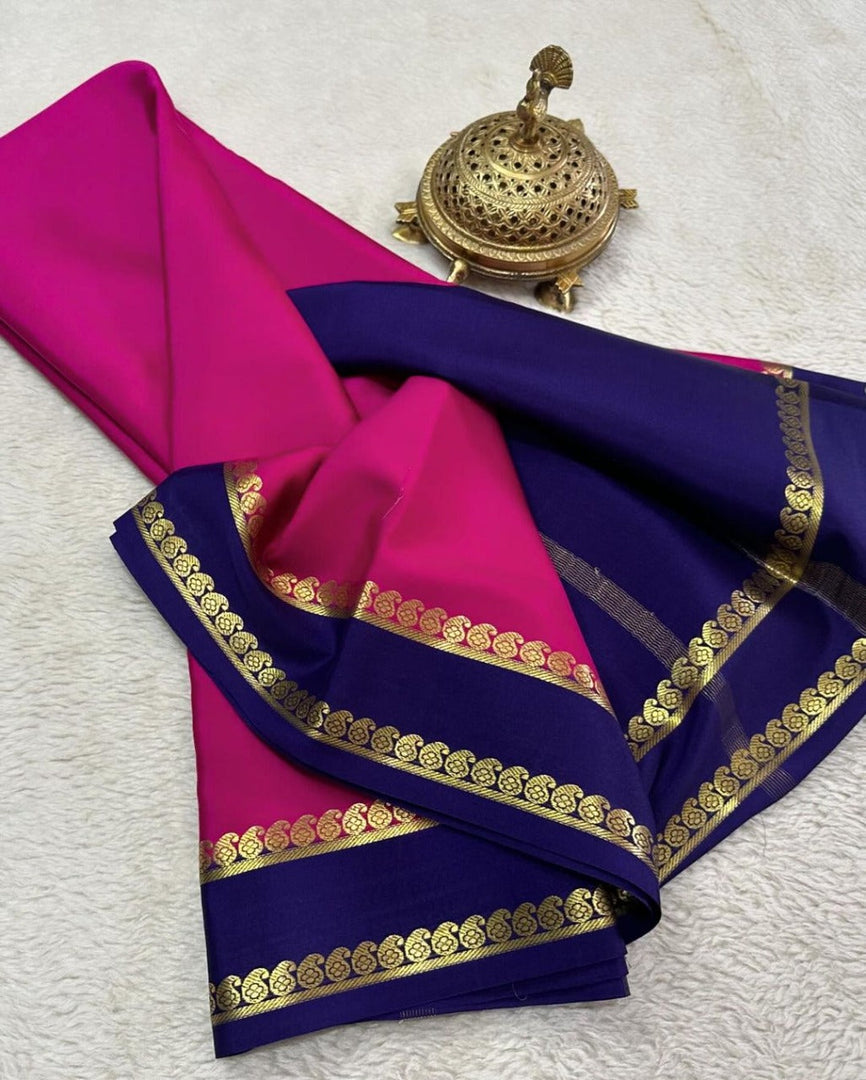 Stylish Purple And Pink Traditional Soft Silk Saree In Semi Mysore Finish