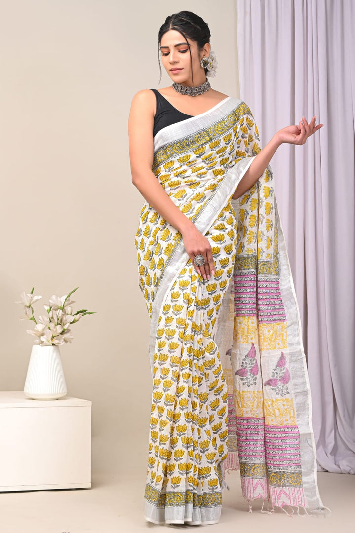 Traditional Printed Linen Saree Pure Fabric With Subtle Zari Work