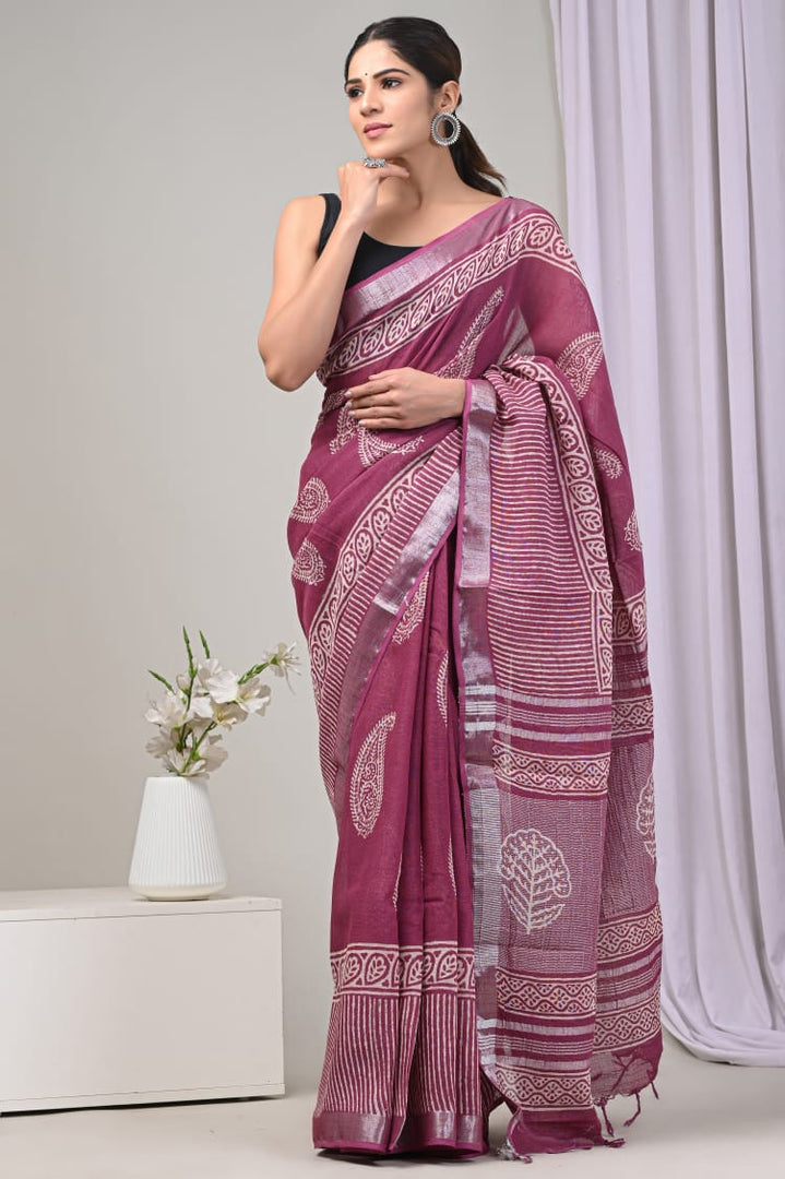 Chic Printed Linen Saree Pure Material With Zari Embellishment
