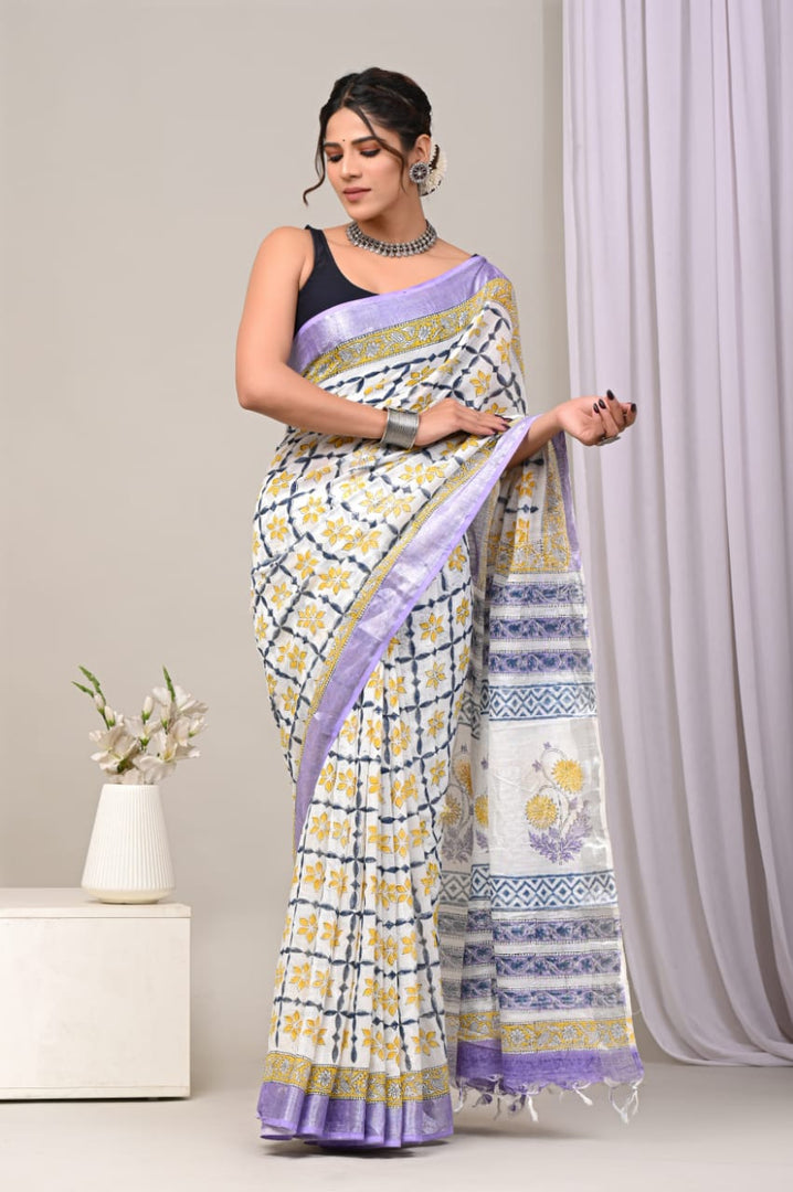 Handwoven Style Pure Linen Saree Printed With Zari Border Accent