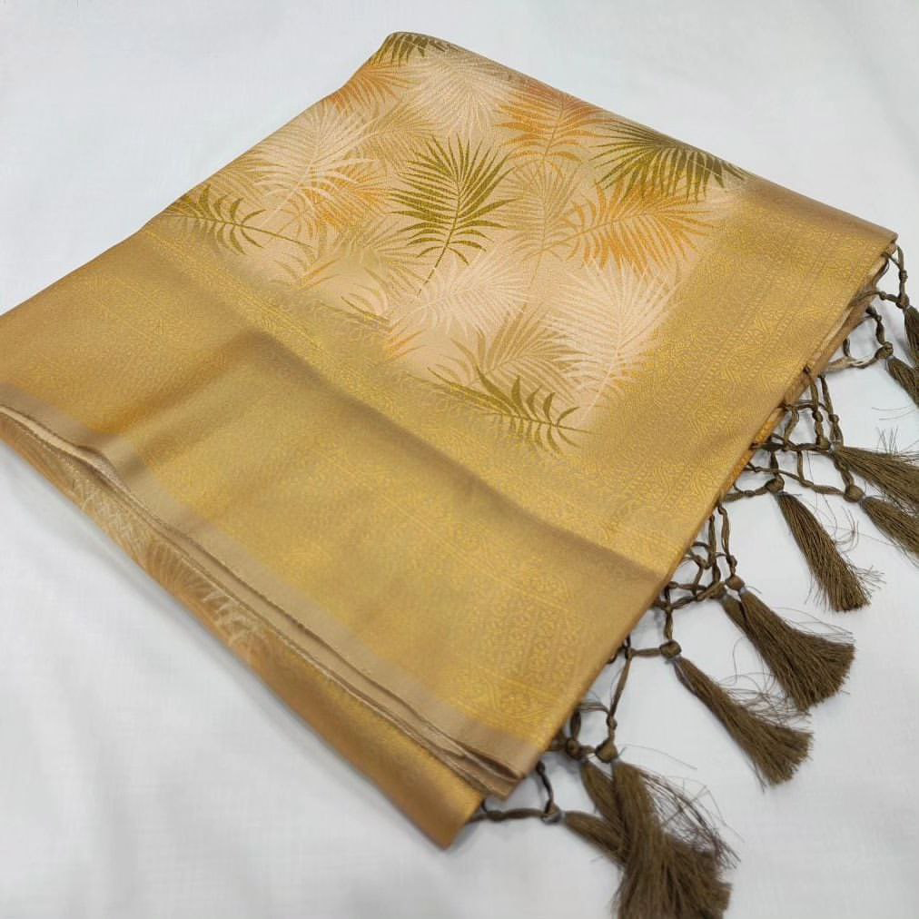 Charming Gold Silk Saree With Kubera Pattu Borders And Abstract Digital Prints