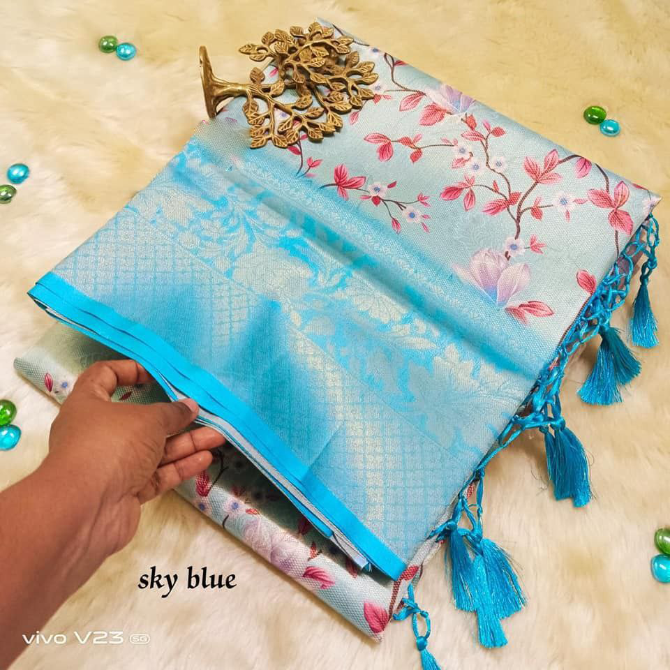 Alluring Blue And Purple Soft Silk Saree With Zari Kubera Pattu Work And Digital Impressions