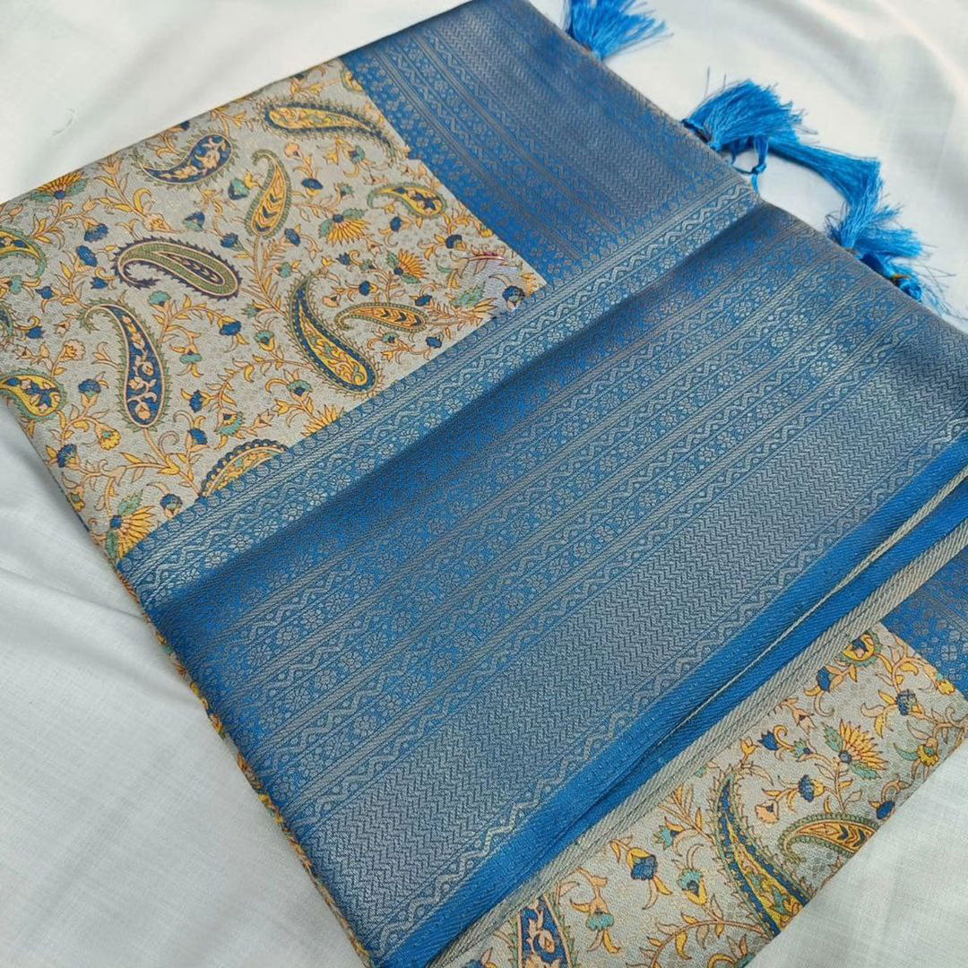 Blush And Shine Sky Blue Silk Digital Saree With Trendy Blouse Combo