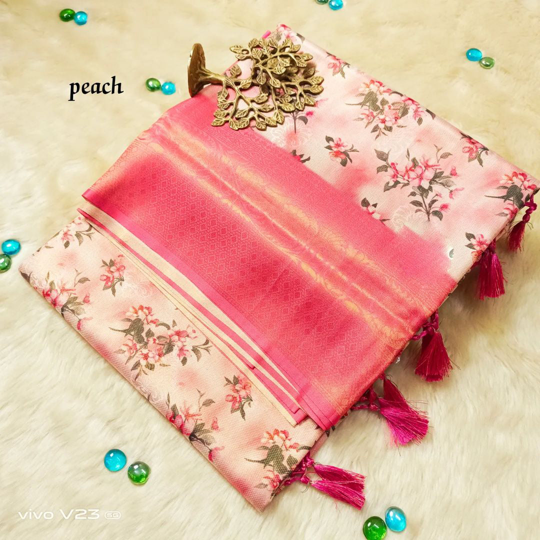 Alluring Pink And Rose Gold Traditional Silk Saree With Kubera Pattu Border And Printed Body