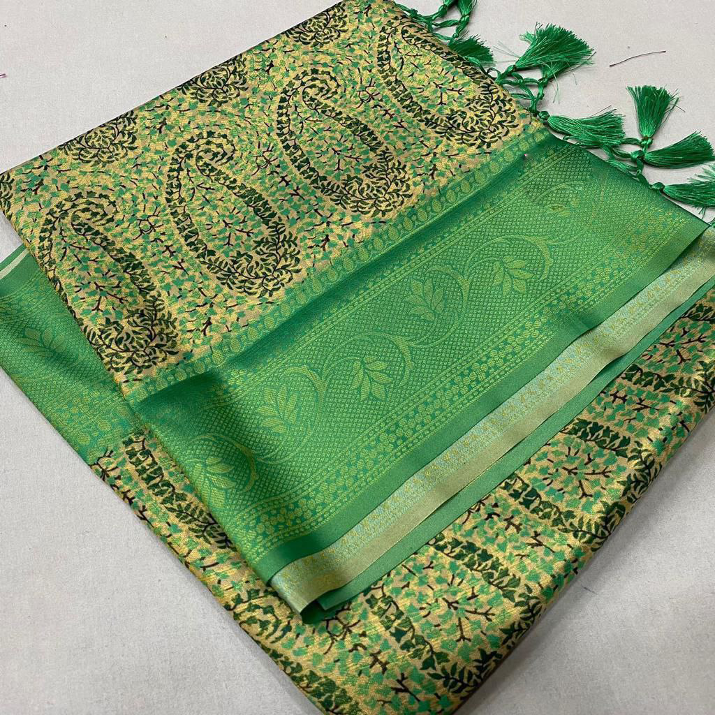 Modern Green And Beige Soft Silk Saree With Ethnic Kubera Pattu Zari And Abstract Prints