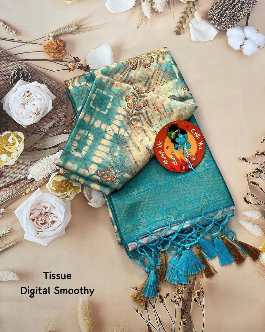 Traditional Sky Blue Colour Digital Printed Saree In Pure Soft Silk