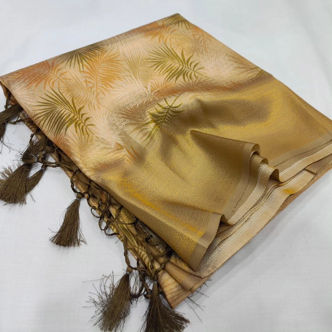 Luxurious Gold Traditional Silk Saree With Kubera Pattu Border And Printed Body