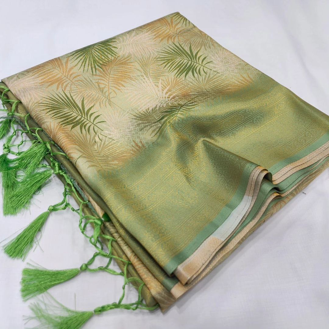 Alluring Green Soft Kubera Pattu Silk Saree With Floral Digital Prints