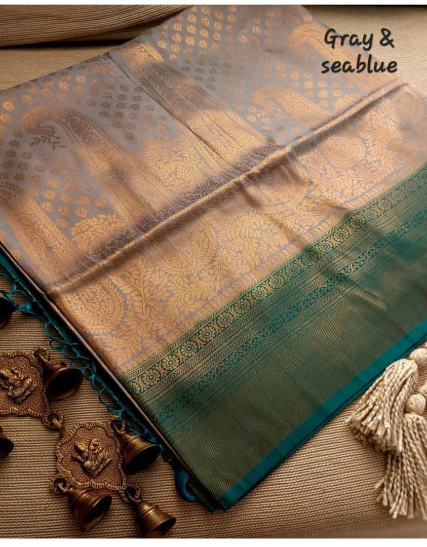 Designer Silver And Green Kubera Pattu Soft Silk Saree With Beautiful Contrast Pallu Combo