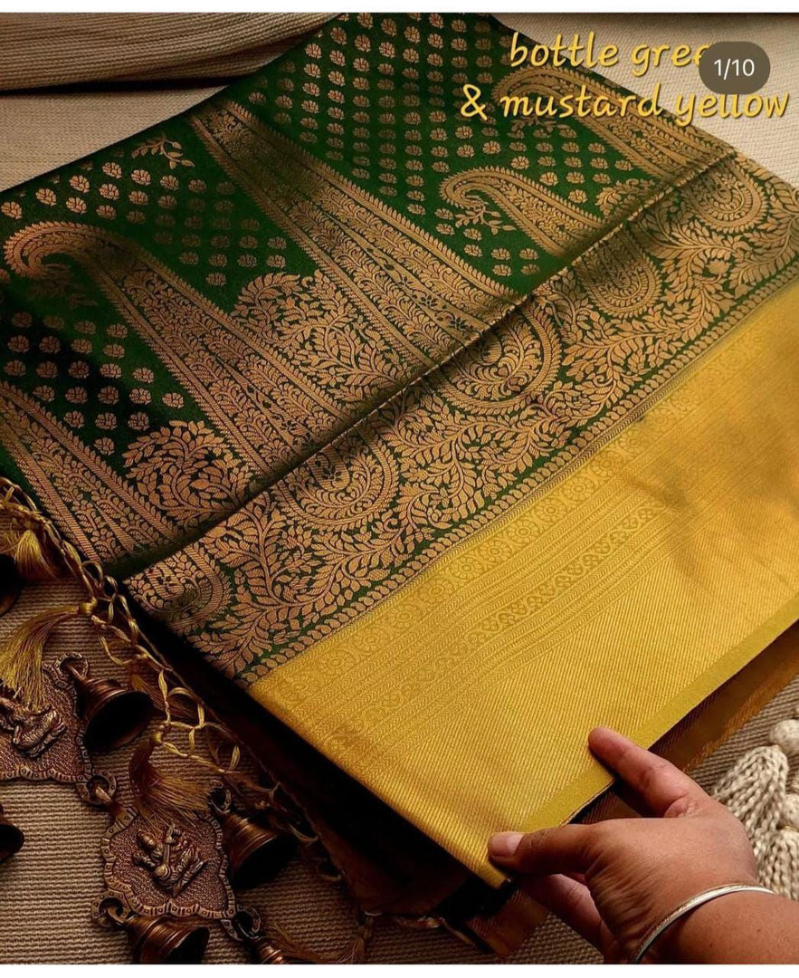 Elegant Light Green And Bronze Kubera Pattu Soft Silk Saree With Contrasting Pallu And Border