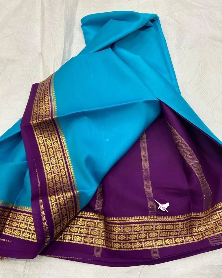 Blue And Purple Mysore Silk Plain Saree With Zari Woven Border Party Ready With Designer Blouse