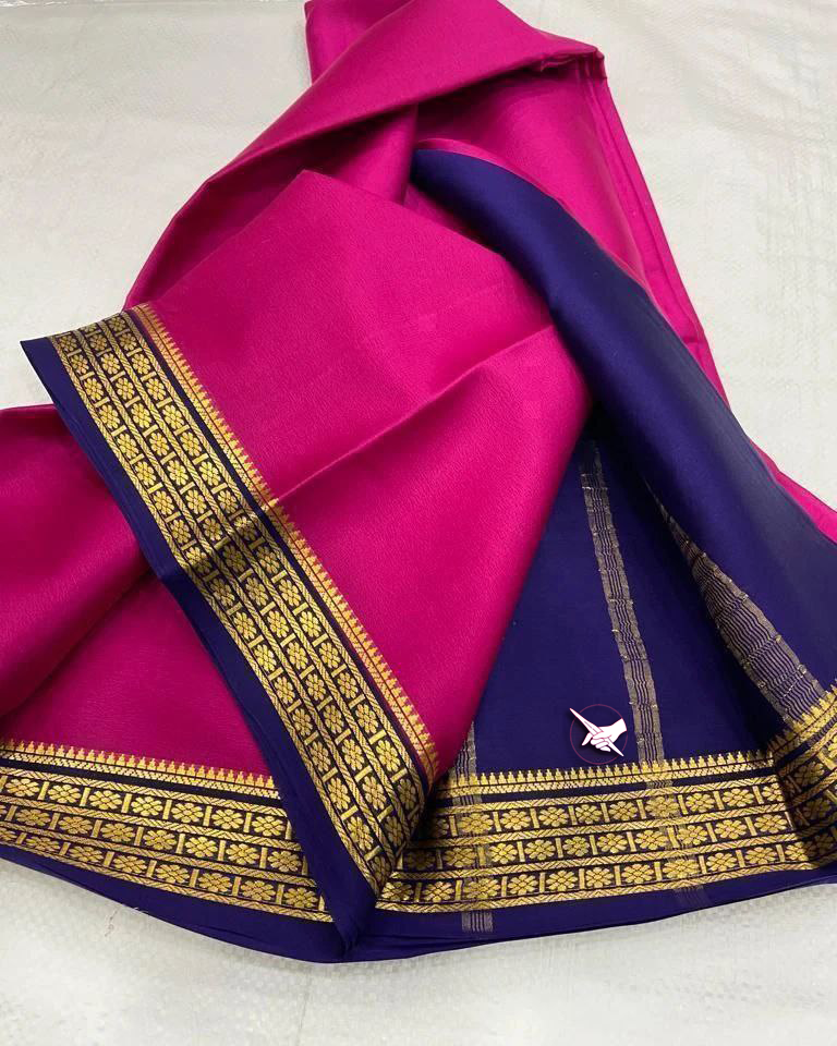Navy Blue And Pink Fancy Mysore Silk Saree Elegant Plain Body Zari Woven Border And Blouse
