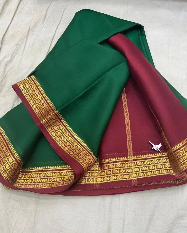 Elegant Bottal Green Pure Mysore Silk Saree Zari Border Design With Blouse Material
