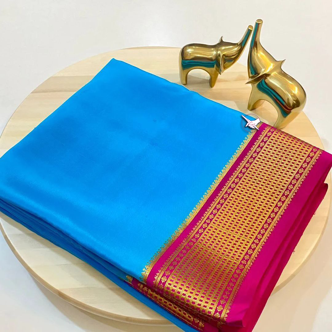🥰 Floral Zari Border Blue nd Pink Colour Plain Mysore Silk Saree.🥰