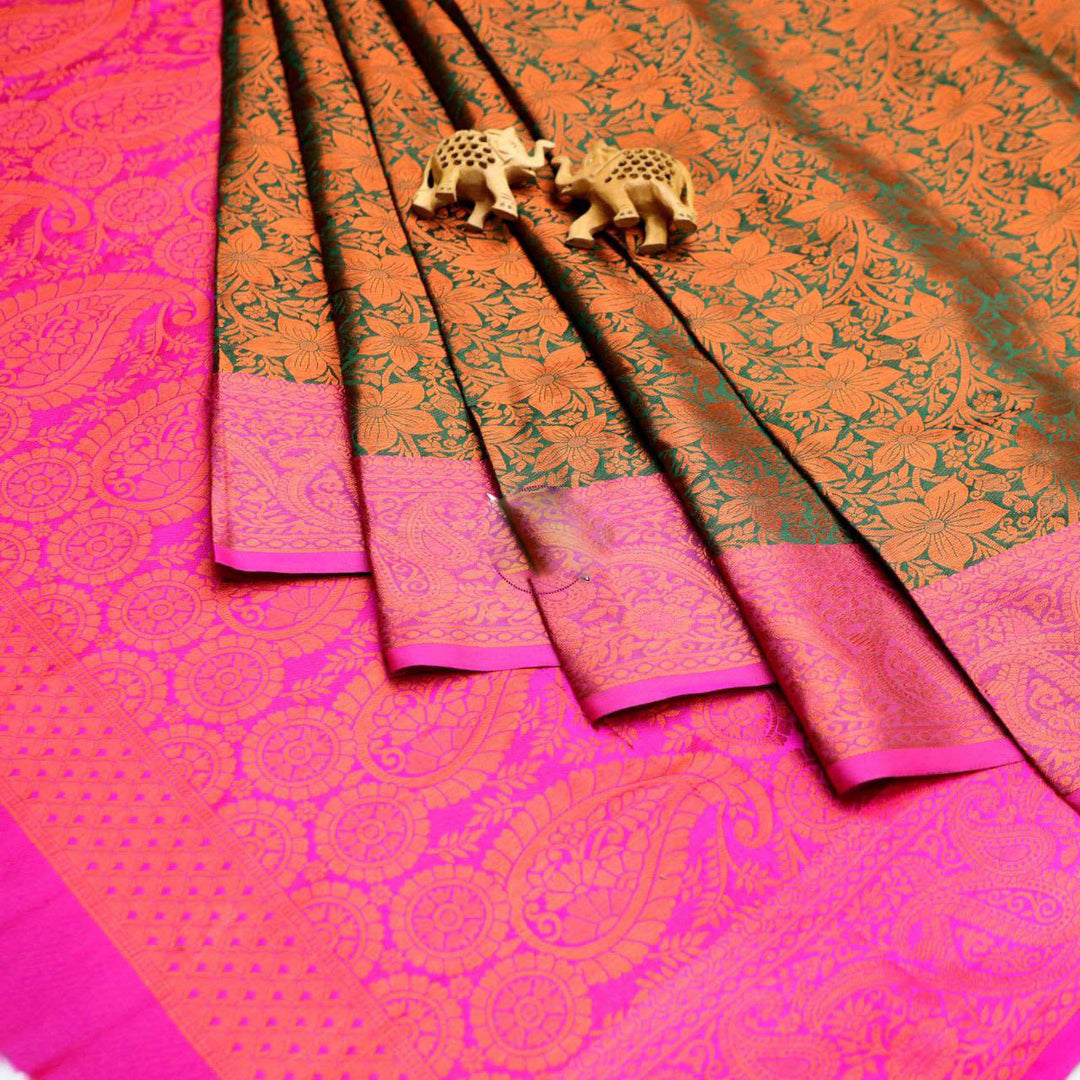 Fetching Green Handloom Semi Bridal Korvai Silk Weaving Work Saree