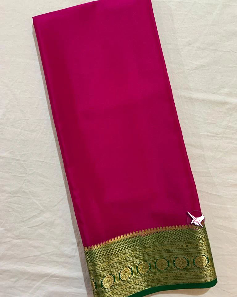 Pink Pure Mysore Silk Saree Ideal For Occasions With Zari Border And Blouse Material
