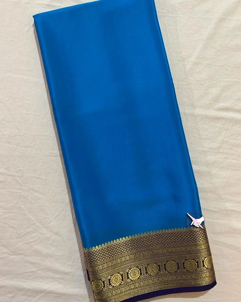 🥰Exclusive Zari Border Pink Blue Mysore Silk Saree.🥰