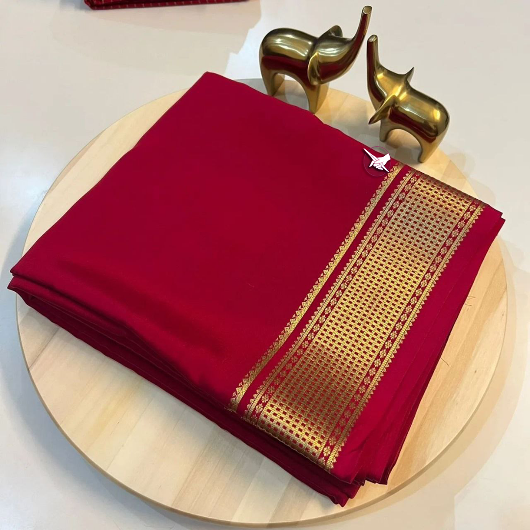 Glamorous Red Crepe Silk Saree Soft Mysore Weave With Rich Zari Border