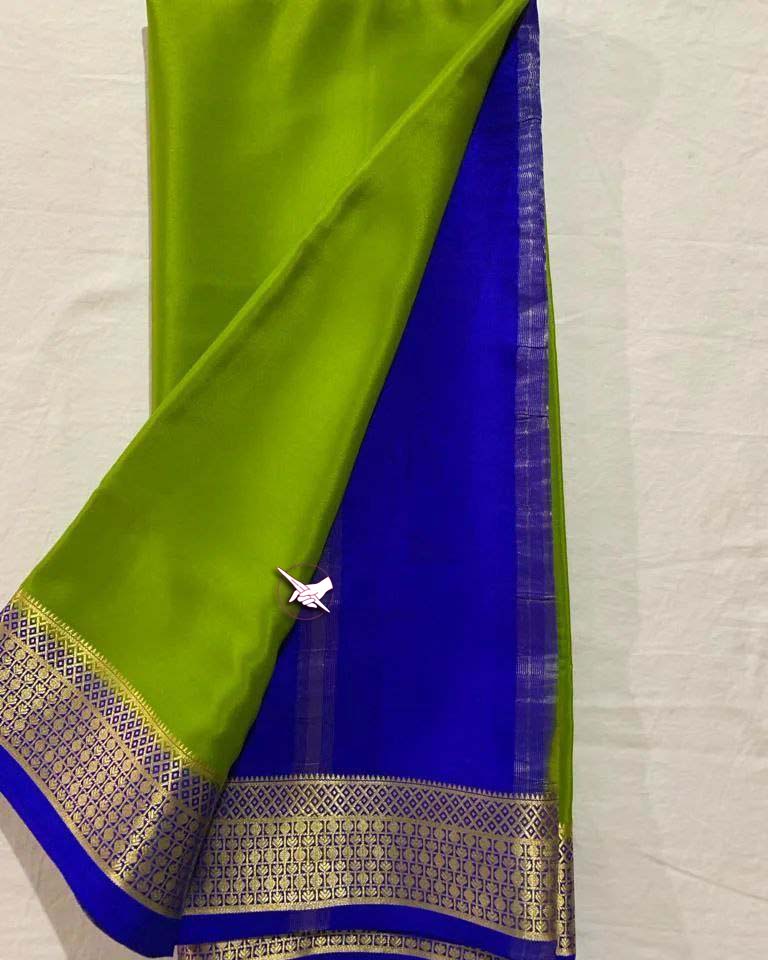 Graceful Mysore Soft Silk Zari Border Saree Stunning Green And Blue Shade