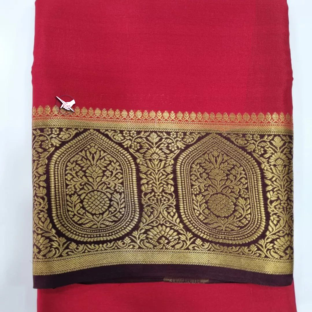 🥰 Exclusive Zari Border Pink With Brown Colour Plain Mysore Silk Saree.🥰
