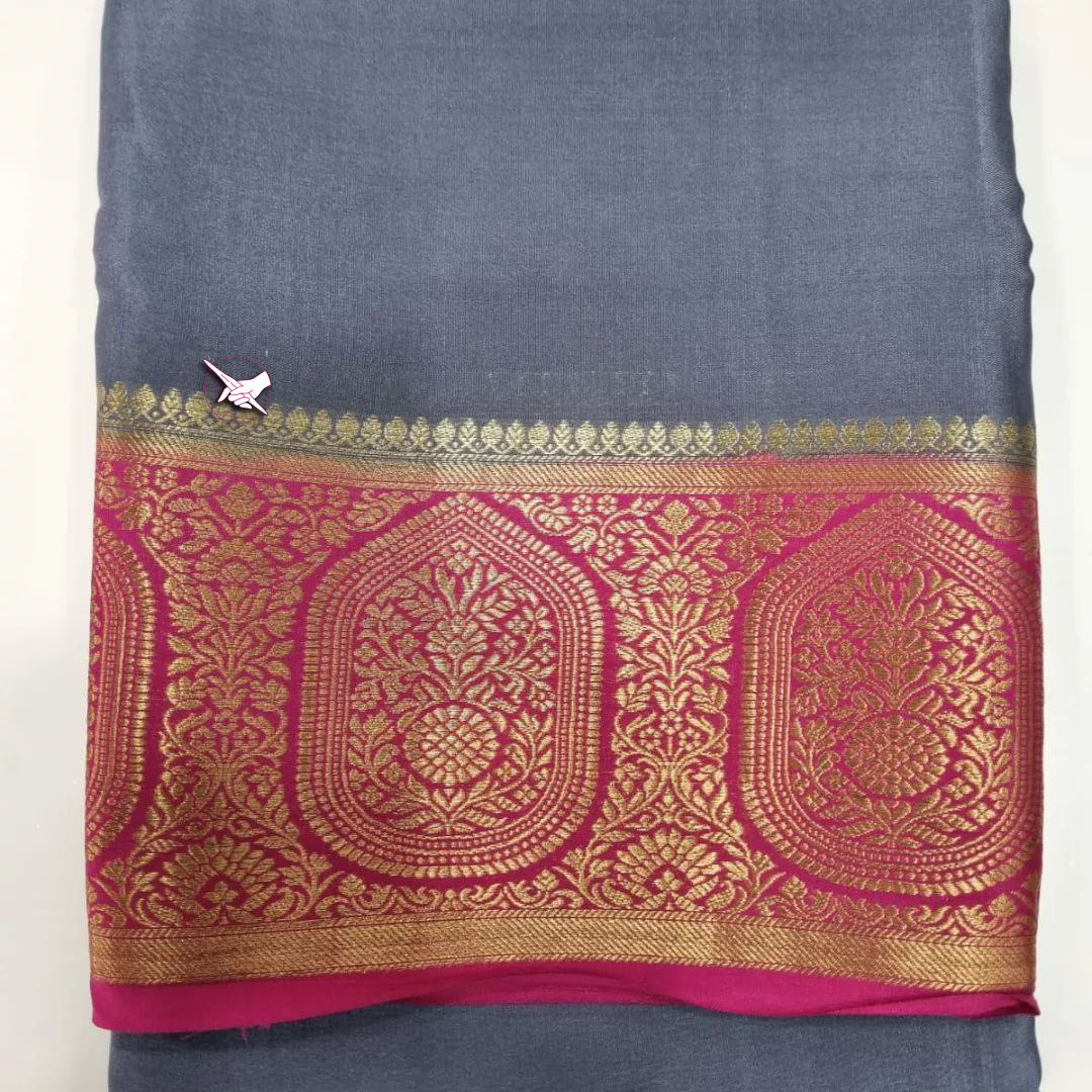 Handwoven Mysore Silk Saree In Grey And Pink With Rich Zari Border And Blouse Material