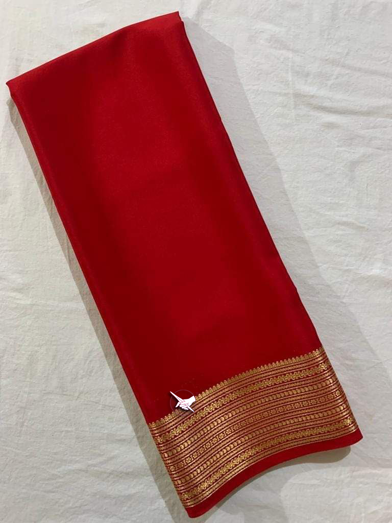Designer Red Mysore Silk Plain Saree With Zari Border Blouse Unstitched Fabric