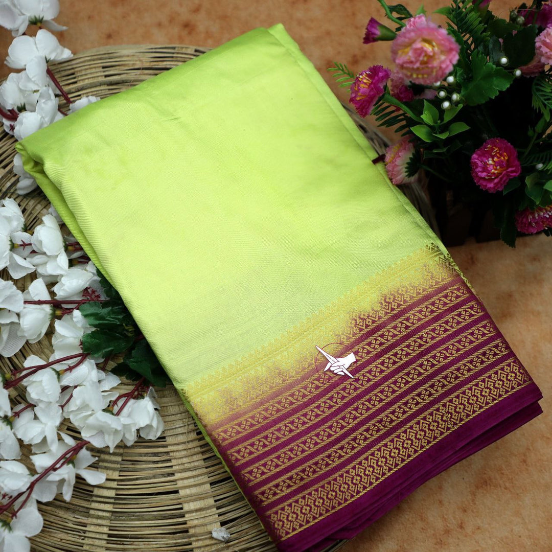 Daily Wear Lemon And Purple Mysore Silk Saree Plain Silk Elegance With Zari Edges
