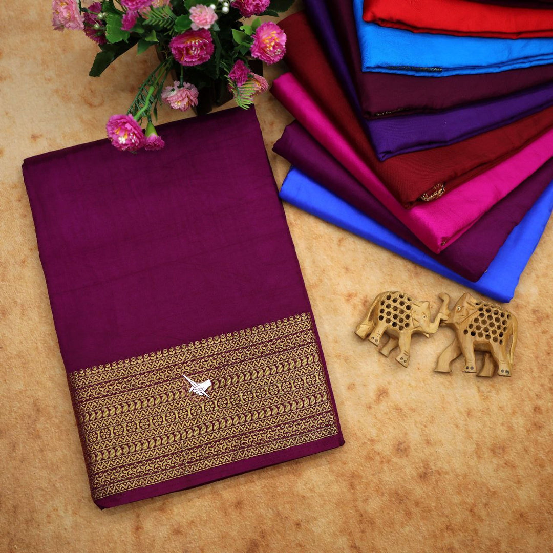 🥰 Exclusive Zari Border Purple Plain Mysore Silk Saree.🥰