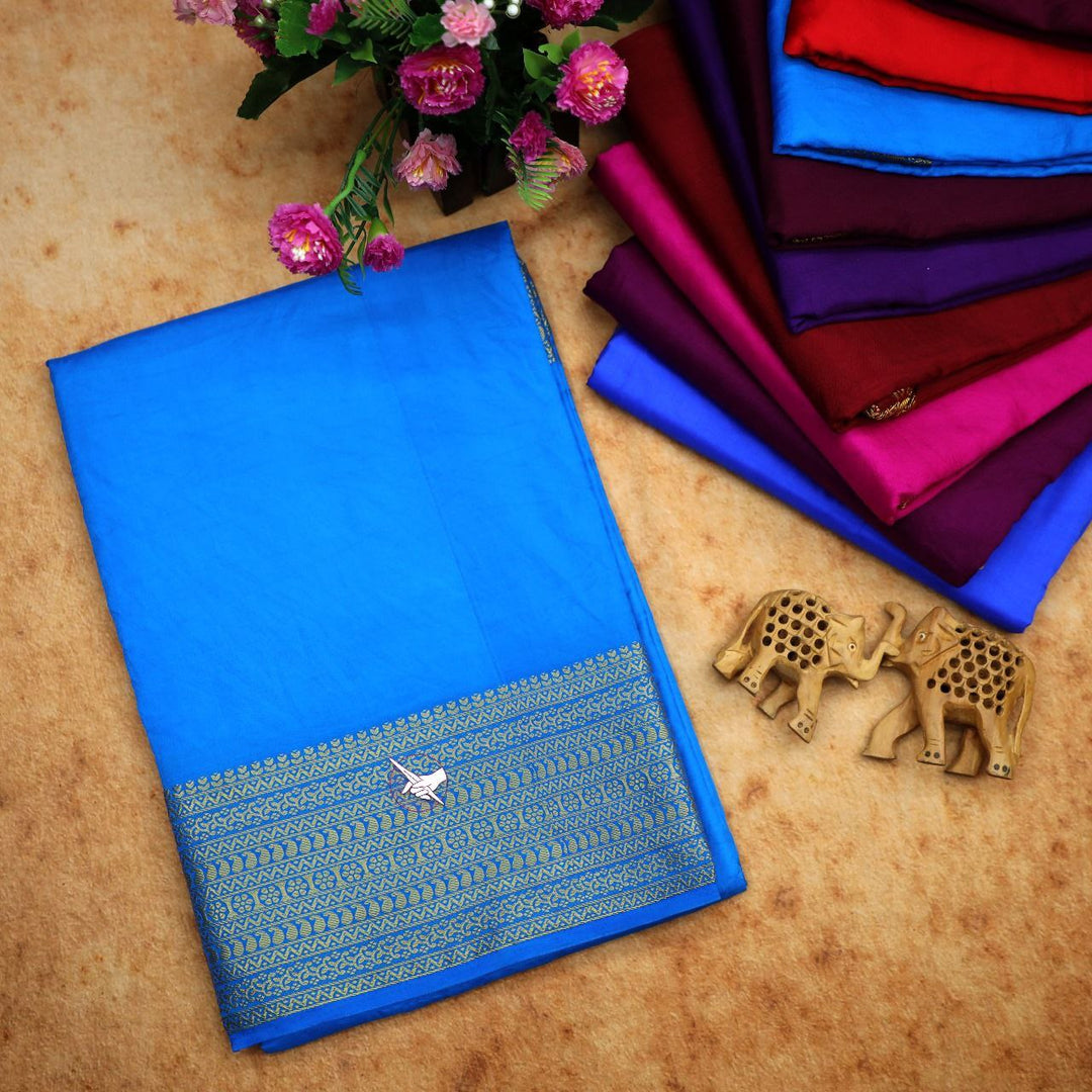 Classic Blue Mysore Soft Silk Saree With Golden Zari Border Blouse Fabric