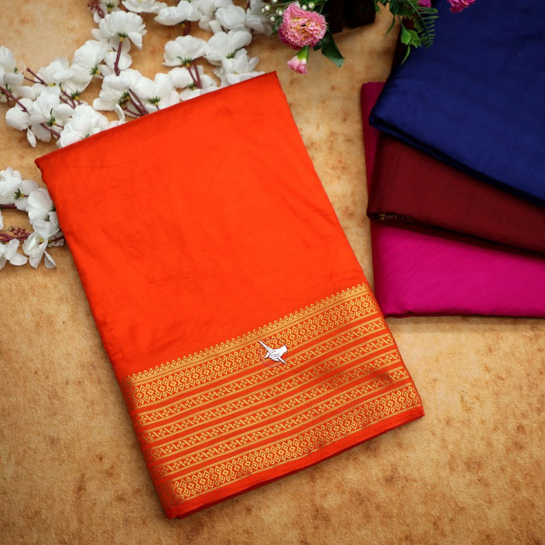 Orange Lightweight Pure Silk Saree Mysore Weave With Small Zari Woven Border