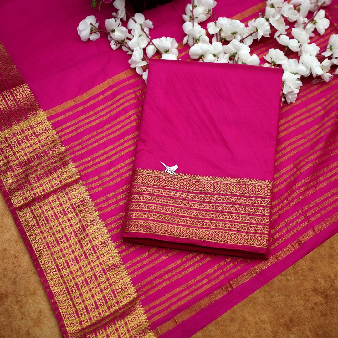 🥰Exclusive Zari Border Pink Plain Mysore Silk Saree.🥰