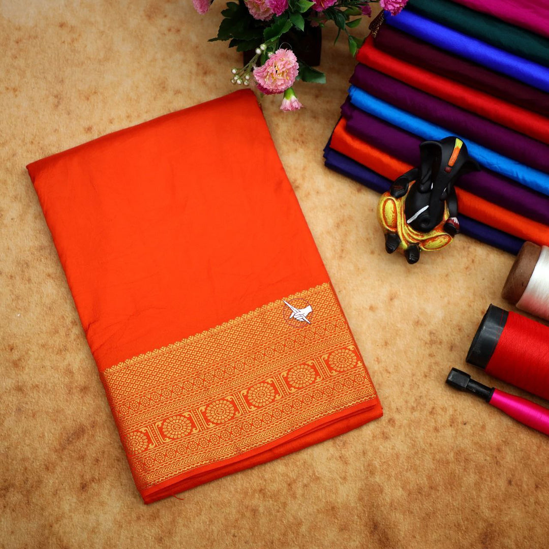 🥰Exclusive Zari Border Orange Plain Mysore Silk Saree.🥰