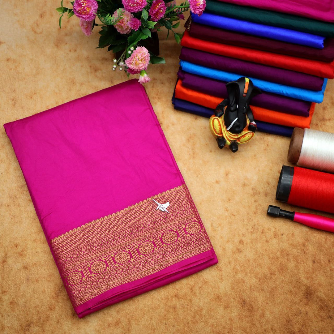 Minimalist Pink Pure Mysore Silk Saree Solid Body And Thin Zari Border