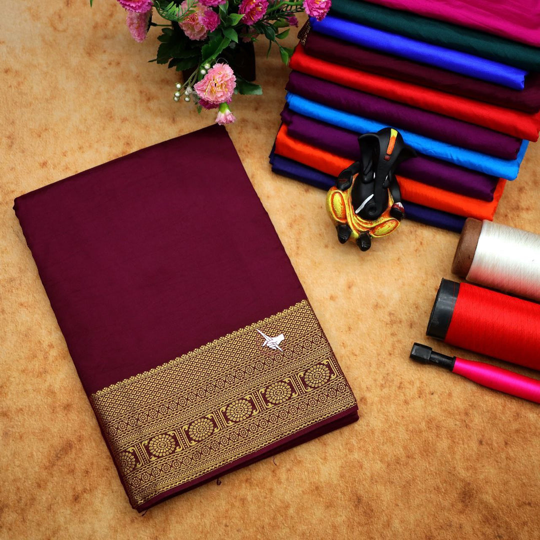 🥰Exclusive Zari Border Maroon Plain Mysore Silk Saree.🥰