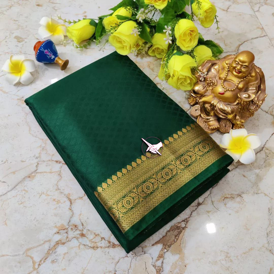 🥰Exclusive Zari Border Green Plain Mysore Silk Saree.🥰